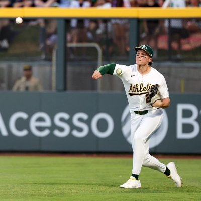 LAS VEGAS, NEVADA - JUNE 13: Zack Gelof #20 of the Athletics throws the ball into the infield during the game between the Colorado Rockies and the Athletics at Las Vegas Ballpark on June 13, 2026 in Las Vegas, Nevada. (Photo by Brendon Baranov/MLB Photos via Getty Images)