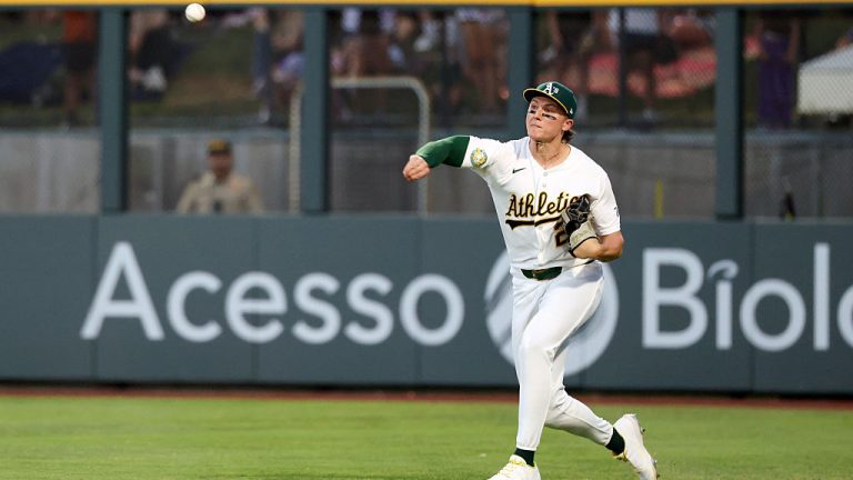 LAS VEGAS, NEVADA - JUNE 13: Zack Gelof #20 of the Athletics throws the ball into the infield during the game between the Colorado Rockies and the Athletics at Las Vegas Ballpark on June 13, 2026 in Las Vegas, Nevada. (Photo by Brendon Baranov/MLB Photos via Getty Images)
