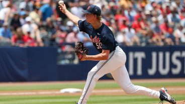 HOOVER, AL - MAY 25: Ole Miss pitcher Taylor Rabe (50) pitches the ball during the SEC Baseball Tournament Final game between Ole Miss Rebels and Vanderbilt Commodores on May 25, 2025, at Hoover Metropolitan Stadium in Hoover, Alabama. (Photo by David Buono/Icon Sportswire via Getty Images)