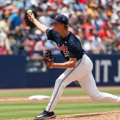 HOOVER, AL - MAY 25: Ole Miss pitcher Taylor Rabe (50) pitches the ball during the SEC Baseball Tournament Final game between Ole Miss Rebels and Vanderbilt Commodores on May 25, 2025, at Hoover Metropolitan Stadium in Hoover, Alabama. (Photo by David Buono/Icon Sportswire via Getty Images)