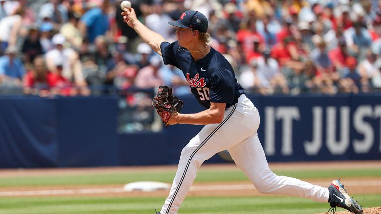 HOOVER, AL - MAY 25: Ole Miss pitcher Taylor Rabe (50) pitches the ball during the SEC Baseball Tournament Final game between Ole Miss Rebels and Vanderbilt Commodores on May 25, 2025, at Hoover Metropolitan Stadium in Hoover, Alabama. (Photo by David Buono/Icon Sportswire via Getty Images)