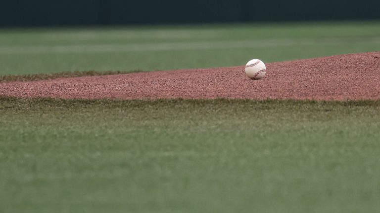 AUSTIN, TX - MAY 30: A baseball sits on the front of the mound before the NCAA Division I Regional game between Texas Longhorns and Tarleton State Texans on May 30, 2026, at UFCU Disch-Falk Field in Austin, TX. (Photo by David Buono/Icon Sportswire via Getty Images)
