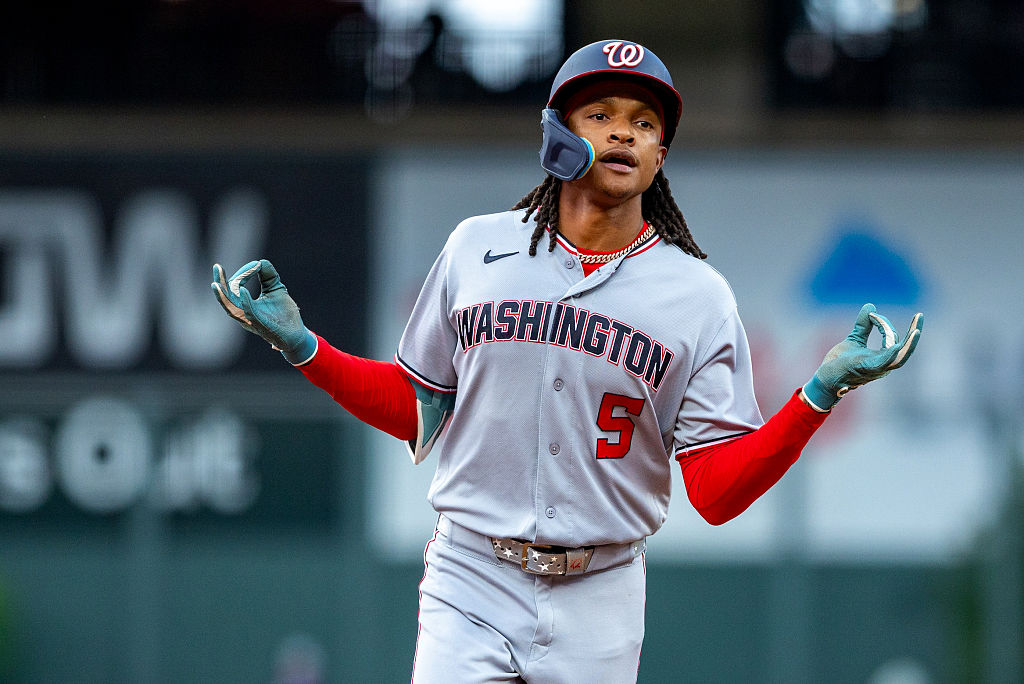 DENVER, CO - JULY 21: CJ Abrams #5 of the Washington Nationals rounds the bases after hitting a two run home run in the first inning during the game between the Washington Nationals and the Colorado Rockies at Coors Field on Tuesday, July 21, 2026 in Denver, Colorado. (Photo by Casey Paul/MLB Photos via Getty Images)