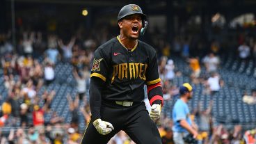 PITTSBURGH, PENNSYLVANIA - JULY 11: Esmerlyn Valdez #55 of the Pittsburgh Pirates reacts after hitting a grand slam in the seventh inning of game one of a doubleheader against the Milwaukee Brewers at PNC Park on July 11, 2026 in Pittsburgh, Pennsylvania. (Photo by Justin Berl/Getty Images)