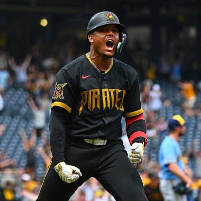 PITTSBURGH, PENNSYLVANIA - JULY 11: Esmerlyn Valdez #55 of the Pittsburgh Pirates reacts after hitting a grand slam in the seventh inning of game one of a doubleheader against the Milwaukee Brewers at PNC Park on July 11, 2026 in Pittsburgh, Pennsylvania. (Photo by Justin Berl/Getty Images)