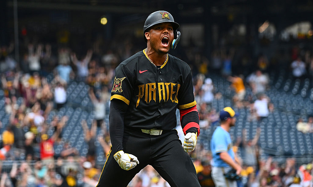 PITTSBURGH, PENNSYLVANIA - JULY 11: Esmerlyn Valdez #55 of the Pittsburgh Pirates reacts after hitting a grand slam in the seventh inning of game one of a doubleheader against the Milwaukee Brewers at PNC Park on July 11, 2026 in Pittsburgh, Pennsylvania. (Photo by Justin Berl/Getty Images)
