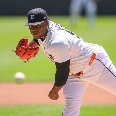 DETROIT, MI - JUNE 27: Detroit Tigers Framber Valdez (59) pitching in the first inning during game between Houston Astros and Detroit Tigers on June 27, 2026 at Comerica Park in Detroit, MI (Photo by Allan Dranberg/Icon Sportswire via Getty Images)