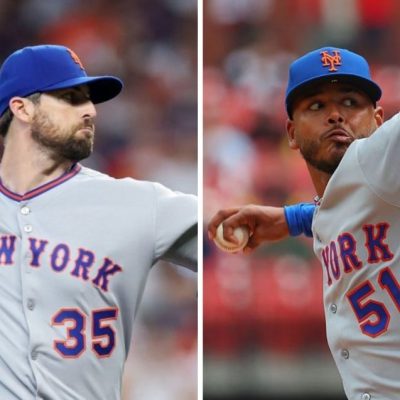 HOUSTON, TEXAS - MARCH 27: Clay Holmes #35 of the New York Mets pitches against the Houston Astros during the first inning on Opening Day at Daikin Park on March 27, 2025 in Houston, Texas. (Photo by Tim Warner/Getty Images) / ST LOUIS, MISSOURI - APRIL 1: Freddy Peralta #51 of the New York Mets delivers a pitch against the St. Louis Cardinals in the first inning at Busch Stadium on April 1, 2026 in St Louis, Missouri. (Photo by Dilip Vishwanat/Getty Images)