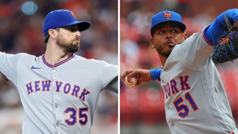 HOUSTON, TEXAS - MARCH 27: Clay Holmes #35 of the New York Mets pitches against the Houston Astros during the first inning on Opening Day at Daikin Park on March 27, 2025 in Houston, Texas. (Photo by Tim Warner/Getty Images) / ST LOUIS, MISSOURI - APRIL 1: Freddy Peralta #51 of the New York Mets delivers a pitch against the St. Louis Cardinals in the first inning at Busch Stadium on April 1, 2026 in St Louis, Missouri. (Photo by Dilip Vishwanat/Getty Images)
