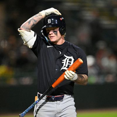 BRADENTON, FLORIDA - MARCH 20, 2026: Max Clark #31 of the Detroit Tigers looks on during the fourth inning of a spring training Spring Breakout game against the Pittsburgh Pirates at LECOM Park on March 20, 2026 in Bradenton, Florida. (Photo by Nick Cammett/Diamond Images via Getty Images)