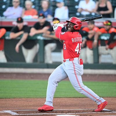 SCOTTSDALE, ARIZONA - MARCH 19, 2026: Héctor Rodríguez #43 of the Cincinnati Reds bats during the first inning of a spring training Spring Breakout game against the San Francisco Giants at Scottsdale Stadium on March 19, 2026 in Scottsdale, Arizona. (Photo by Chris Bernacchi/Diamond Images via Getty Images)