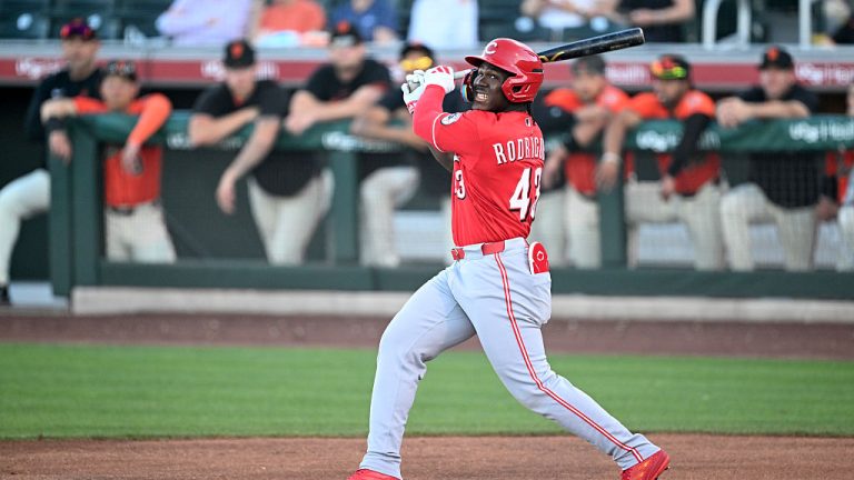 SCOTTSDALE, ARIZONA - MARCH 19, 2026: Héctor Rodríguez #43 of the Cincinnati Reds bats during the first inning of a spring training Spring Breakout game against the San Francisco Giants at Scottsdale Stadium on March 19, 2026 in Scottsdale, Arizona. (Photo by Chris Bernacchi/Diamond Images via Getty Images)