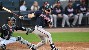 TAMPA, FLORIDA - MARCH 21, 2026: Eric Hartman #64 of the Atlanta Braves hits a single during the second inning of a spring training Spring Breakout game against the New York Yankees at George M. Steinbrenner Field on March 21, 2026 in Tampa, Florida. (Photo by Nick Cammett/Diamond Images via Getty Images)
