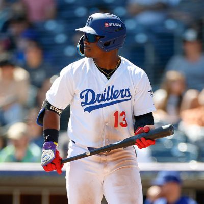 TULSA, OKLAHOMA - APRIL 19: Zyhir Hope #13 of the Tulsa Drillers looks on between pitches during a game against the Arkansas Travelers at ONEOK Field on April 19, 2026 in Tulsa, Oklahoma. (Photo by Brandon Sloter/Getty Images)