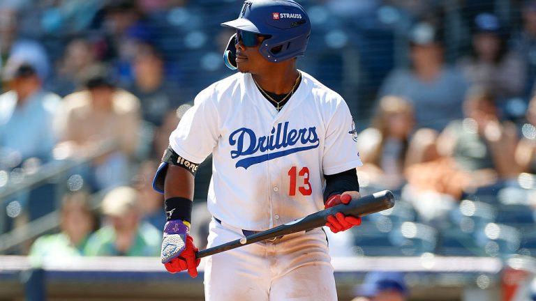 TULSA, OKLAHOMA - APRIL 19: Zyhir Hope #13 of the Tulsa Drillers looks on between pitches during a game against the Arkansas Travelers at ONEOK Field on April 19, 2026 in Tulsa, Oklahoma. (Photo by Brandon Sloter/Getty Images)