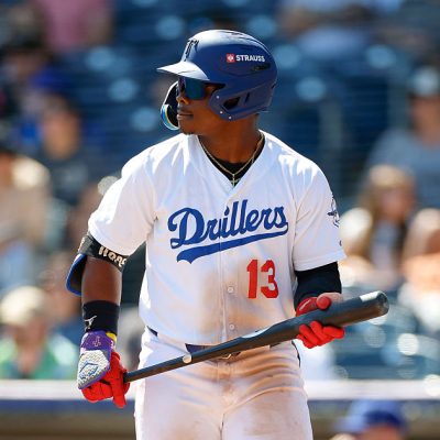 TULSA, OKLAHOMA - APRIL 19: Zyhir Hope #13 of the Tulsa Drillers looks on between pitches during a game against the Arkansas Travelers at ONEOK Field on April 19, 2026 in Tulsa, Oklahoma. (Photo by Brandon Sloter/Getty Images)
