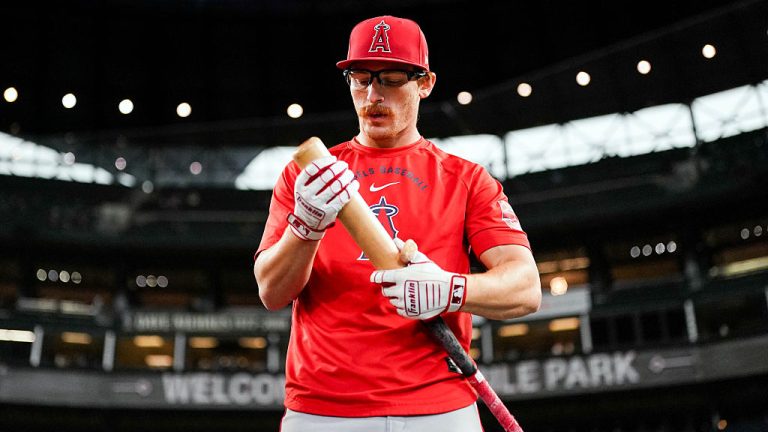 SEATTLE, WA - JULY 02: Wade Meckler #53 of the Los Angeles Angels looks on prior to the game between the Los Angeles Angels and the Seattle Mariners at T-Mobile Park on Thursday, July 2, 2026 in Seattle, Washington. (Photo by Eric Hiller/MLB Photos via Getty Images)