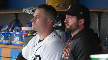 DETROIT, MI - JUNE 24: Pitchers Tarik Skubal #29 (L) and Casey Mize #12 of the Detroit Tigers look on from the dugout during the game against the New York Yankees at Comerica Park on June 24, 2026 in Detroit, Michigan. The Yankees defeated the Tigers 4-2. (Photo by Mark Cunningham/MLB Photos via Getty Images)