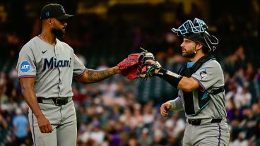 DENVER, COLORADO - JUNE 29: Sandy Alcantara #22 of the Miami Marlins celebrates with Joe Mack #80 after a scoreless fifth inning against the Colorado Rockies at Coors Field on June 29, 2026 in Denver, Colorado. (Photo by Dustin Bradford/Getty Images)