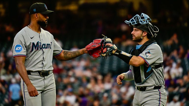 DENVER, COLORADO - JUNE 29: Sandy Alcantara #22 of the Miami Marlins celebrates with Joe Mack #80 after a scoreless fifth inning against the Colorado Rockies at Coors Field on June 29, 2026 in Denver, Colorado. (Photo by Dustin Bradford/Getty Images)