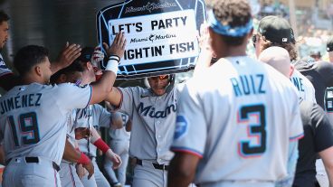 SACRAMENTO, CALIFORNIA - JULY 05: Heriberto Hernandez #13 of the Miami Marlins celebrates in the dugout after hitting a solo home run in the top of the first inning against the Athletics at Sutter Health Park on July 05, 2026 in Sacramento, California. (Photo by Lachlan Cunningham/Getty Images)
