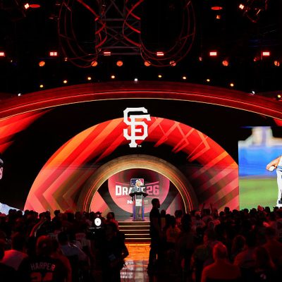 PHILADELPHIA, PA - JULY 11: Commissioner of Major League Baseball Robert D. Manfred announces Jackson Flora as the fourth overall pick by the San Francisco Giants during the 2026 MLB Draft presented by Nippon Express at Pennsylvania Convention Center on Saturday, July 11, 2026 in Philadelphia, Pennsylvania. (Photo by Daniel Shirey/MLB Photos via Getty Images)