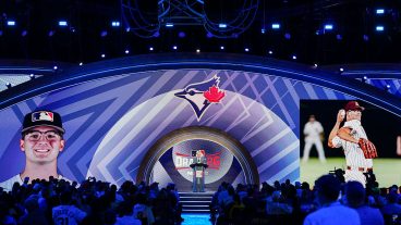 PHILADELPHIA, PA - JULY 11: Commissioner of Major League Baseball Robert D. Manfred announces Cole Carlon as the 39th overall pick by the Toronto Blue Jays during the 2026 MLB Draft presented by Nippon Express at Pennsylvania Convention Center on Saturday, July 11, 2026 in Philadelphia, Pennsylvania. (Photo by Daniel Shirey/MLB Photos via Getty Images)