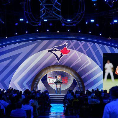 PHILADELPHIA, PA - JULY 11: Commissioner of Major League Baseball Robert D. Manfred announces Cole Carlon as the 39th overall pick by the Toronto Blue Jays during the 2026 MLB Draft presented by Nippon Express at Pennsylvania Convention Center on Saturday, July 11, 2026 in Philadelphia, Pennsylvania. (Photo by Daniel Shirey/MLB Photos via Getty Images)