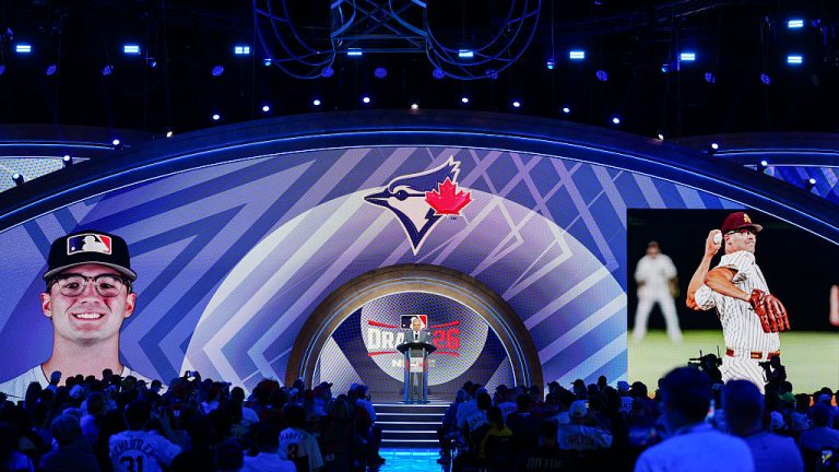 PHILADELPHIA, PA - JULY 11: Commissioner of Major League Baseball Robert D. Manfred announces Cole Carlon as the 39th overall pick by the Toronto Blue Jays during the 2026 MLB Draft presented by Nippon Express at Pennsylvania Convention Center on Saturday, July 11, 2026 in Philadelphia, Pennsylvania. (Photo by Daniel Shirey/MLB Photos via Getty Images)