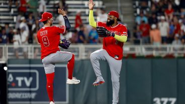 MINNEAPOLIS, MN - JULY 10: Jo Adell #7 of the Los Angeles Angels and Zach Neto #9 celebrate after the Angels defeated the Minnesota Twins at Target Field on Friday, July 10, 2026 in Minneapolis, Minnesota. (Photo by Andrew Ritter/MLB Photos via Getty Images)