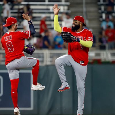 MINNEAPOLIS, MN - JULY 10: Jo Adell #7 of the Los Angeles Angels and Zach Neto #9 celebrate after the Angels defeated the Minnesota Twins at Target Field on Friday, July 10, 2026 in Minneapolis, Minnesota. (Photo by Andrew Ritter/MLB Photos via Getty Images)