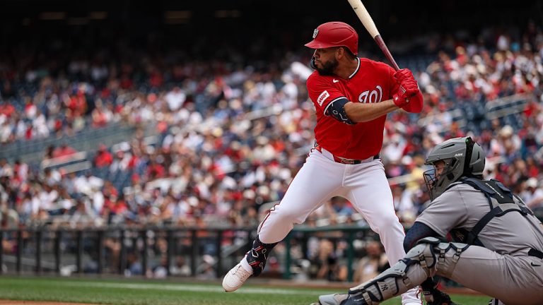 WASHINGTON, DC - JULY 12: Luis García Jr. #2 of the Washington Nationals at bat against the New York Yankees during the first inning at Nationals Park on July 12, 2026 in Washington, DC. (Photo by Scott Taetsch/Getty Images)
