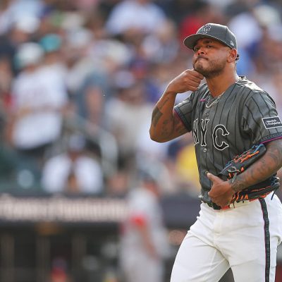 NEW YORK, NEW YORK - JULY 11: Freddy Peralta #51 of the New York Mets reacts after being taken out of the game during the fifth inning against the Boston Red Sox at Citi Field on July 11, 2026 in the Queens borough of New York City. (Photo by Ishika Samant/Getty Images)