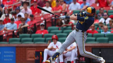 ST LOUIS, MISSOURI - JULY 7: Christian Yelich #22 of the Milwaukee Brewers bats against the St. Louis Cardinals during game one of a doubleheader at Busch Stadium on July 7, 2026 in St Louis, Missouri. (Photo by Dilip Vishwanat/Getty Images)