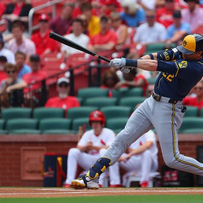 ST LOUIS, MISSOURI - JULY 7: Christian Yelich #22 of the Milwaukee Brewers bats against the St. Louis Cardinals during game one of a doubleheader at Busch Stadium on July 7, 2026 in St Louis, Missouri. (Photo by Dilip Vishwanat/Getty Images)