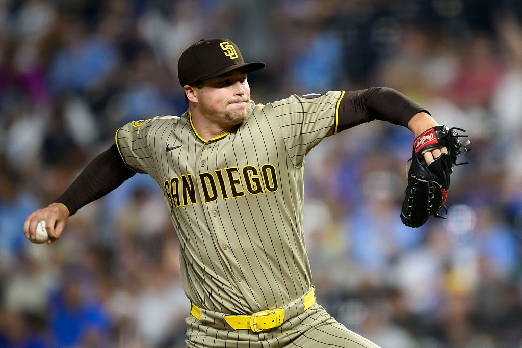 KANSAS CITY, MISSOURI - JULY 17: Mason Miller of the San Diego Padres throws during the ninth inning against the Kansas City Royals at Kauffman Stadium on July 17, 2026 in Kansas City, Missouri. (Photo by Reed Hoffmann/Getty Images)