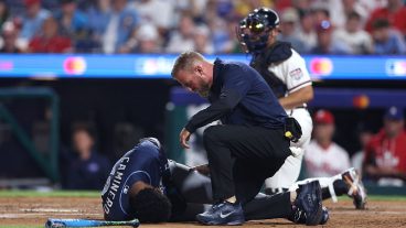 PHILADELPHIA, PENNSYLVANIA - JULY 14: Junior Caminero #13 of the Tampa Bay Rays seeks medical attention after being hit by a pitch during the third inning of the 2026 MLB All-Star Game at Citizens Bank Park on July 14, 2026 in Philadelphia, Pennsylvania. (Photo by Emilee Chinn/Getty Images)