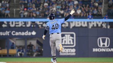 TORONTO, ON - JULY 20: Nick Fortes #40 of the Tampa Bay Rays celebrates as he rounds the bases after hitting a solo home run in the ninth inning during the game between the Tampa Bay Rays and the Toronto Blue Jays at Rogers Centre on Monday, July 20, 2026 in Toronto, Ontario, Canada. (Photo by Colton Hall/MLB Photos via Getty Images)