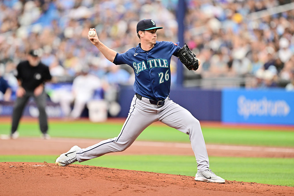 ST PETERSBURG, FLORIDA - JULY 12: Emerson Hancock #26 of the Seattle Mariners pitches against the Tampa Bay Rays during a game at Tropicana Field on July 12, 2026 in St Petersburg, Florida. (Photo by Julio Aguilar/Getty Images)