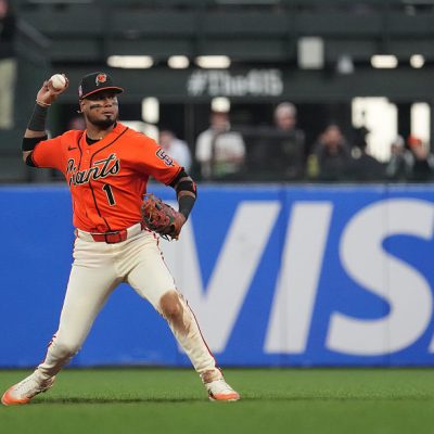 SAN FRANCISCO, CALIFORNIA - JULY 24: Luis Arráez #1 of the San Francisco Giants throws for an out at Oracle Park on July 24, 2026 in San Francisco, California. (Photo by Godofredo Vásquez/San Francisco Giants/Getty Images)