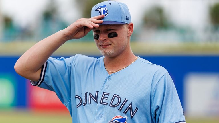 Dunedin Blue Jays shortstop Jojo Parker (12) prepares for the game against the St. Lucie Mets at TD Ballpark in Dunedin, Florida, on July 29, 2026. (Photo by Carl Rizzo/NurPhoto via Getty Images)