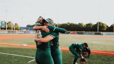 HILLSBORO, OR - JULY 19: Talon's aces Georgina Corrick and Montana Fouts celebrate after clinching the number one seed going into the playoffs. (Photo credit: Julia Kostopoulos/AUSL)