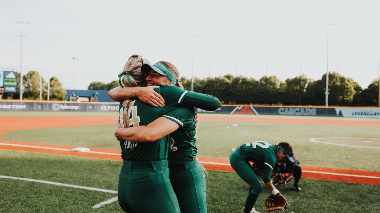HILLSBORO, OR - JULY 19: Talon's aces Georgina Corrick and Montana Fouts celebrate after clinching the number one seed going into the playoffs. (Photo credit: Julia Kostopoulos/AUSL)