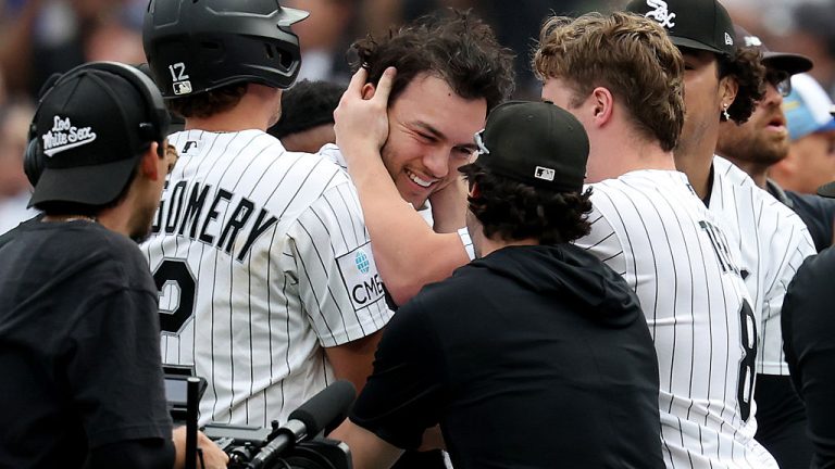 Chicago White Sox first baseman Jacob Gonzalez celebrates with his teammates after his game-winning walk-off single in the ninth inning against the Kansas City Royals at Rate Field in Chicago on Saturday, June 27, 2026. (Chris Sweda/Chicago Tribune/Tribune News Service via Getty Images)