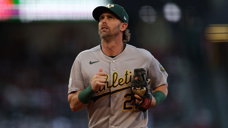 ANAHEIM, CA - JUNE 27: Jeff McNeil #22 of the Athletics looks on during the game against the Los Angeles Angels at Angel Stadium of Anaheim on June 27, 2026 in Anaheim, California. (Photo by Rob Leiter/MLB Photos via Getty Images)