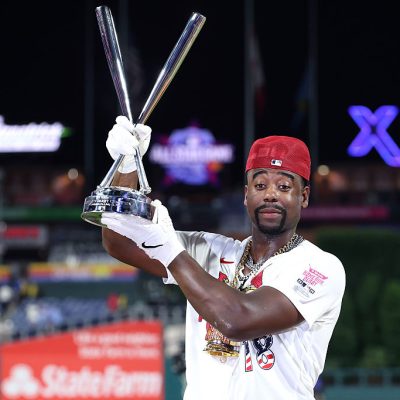 PHILADELPHIA, PENNSYLVANIA - JULY 13: Jordan Walker #18 of the St. Louis Cardinals poses with the trophy after winning the 2026 Home Run Derby at Citizens Bank Park on July 13, 2026 in Philadelphia, Pennsylvania. (Photo by Emilee Chinn/Getty Images)
