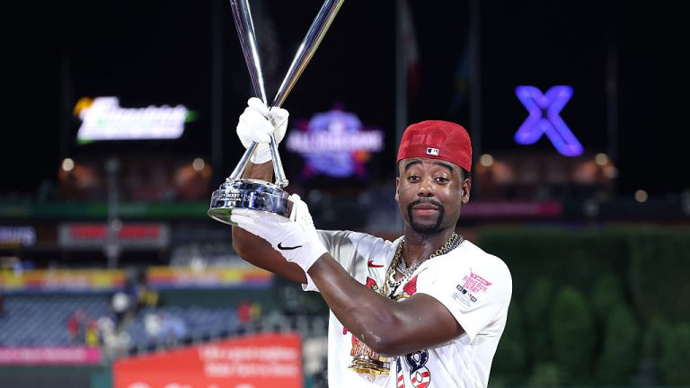 PHILADELPHIA, PENNSYLVANIA - JULY 13: Jordan Walker #18 of the St. Louis Cardinals poses with the trophy after winning the 2026 Home Run Derby at Citizens Bank Park on July 13, 2026 in Philadelphia, Pennsylvania. (Photo by Emilee Chinn/Getty Images)