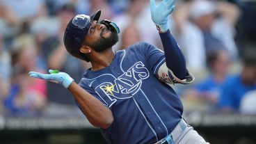 KANSAS CITY, MISSOURI - JUNE 30: Junior Caminero #13 of the Tampa Bay Rays celebrates his three-run home run against the Kansas City Royals in the third inning at Kauffman Stadium on June 30, 2026 in Kansas City, Missouri. (Photo by Ed Zurga/Getty Images)