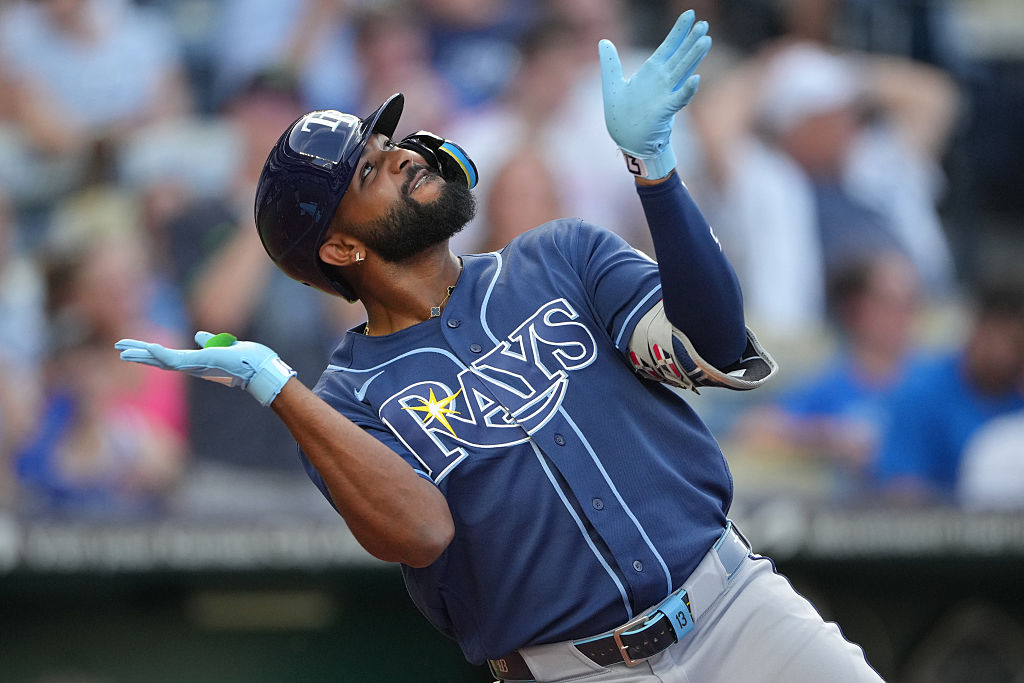 KANSAS CITY, MISSOURI - JUNE 30: Junior Caminero #13 of the Tampa Bay Rays celebrates his three-run home run against the Kansas City Royals in the third inning at Kauffman Stadium on June 30, 2026 in Kansas City, Missouri. (Photo by Ed Zurga/Getty Images)