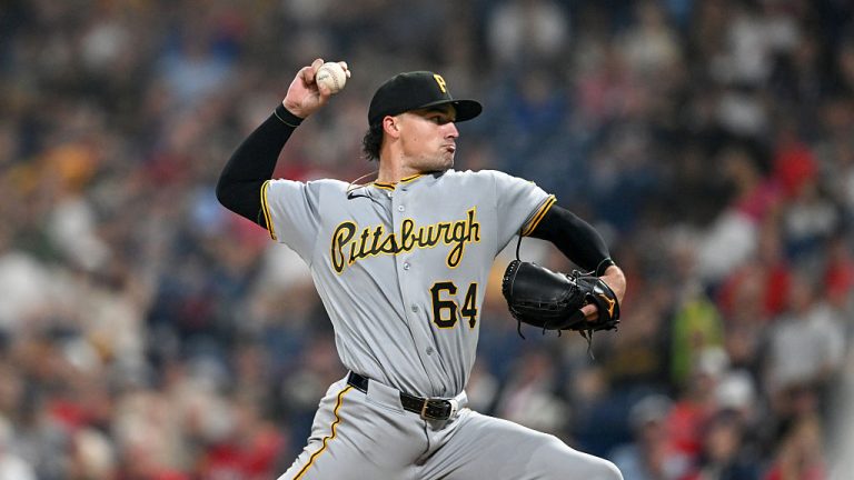 CLEVELAND, OHIO - JULY 18: Khristian Curtis #64 of the Pittsburgh Pirates throws a pitch during the sixth inning of his Major League debut in game two of a doubleheader against the Cleveland Guardians at Progressive Field on July 18, 2026 in Cleveland, Ohio. (Photo by Nick Cammett/Diamond Images via Getty Images)